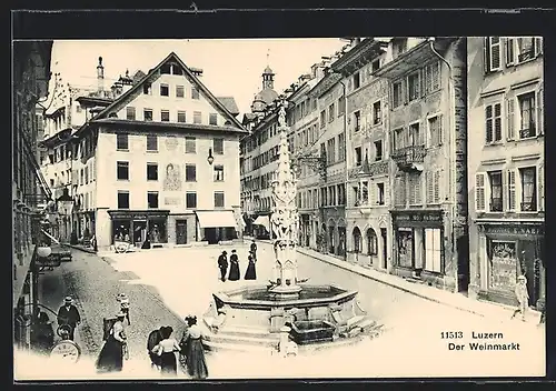 AK Luzern, Weinmarkt mit Geschäften und Brunnen