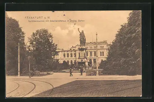 AK Frankfurt am Main, Schützenbrunnen mit Gesellschaftshaus im Zoologischen Garten