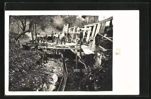 Foto-AK Lausa, Bau von Hochwasser-Schutzbauen 1926 durch die Reichswehr