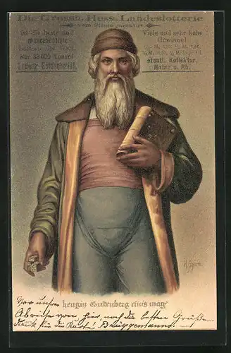 Künstler-Lithographie Spiro: Portrait von Gutenberg, Erfinder der Buchdruckerkunst