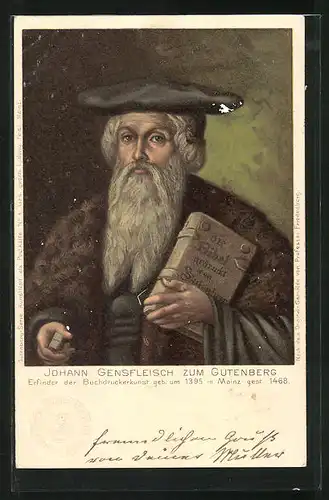 Lithographie Johannes Gensfleisch zum Gutenberg, Erfinder der Buchdruckerkunst, nach Prof. Friedenberg
