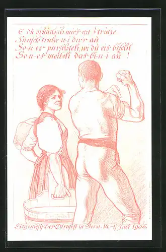 Künstler-AK Bern, Eidgenöss. Turnfest 1906, Sportler präsentiert einer Milchbäuerin seine Armmuskeln