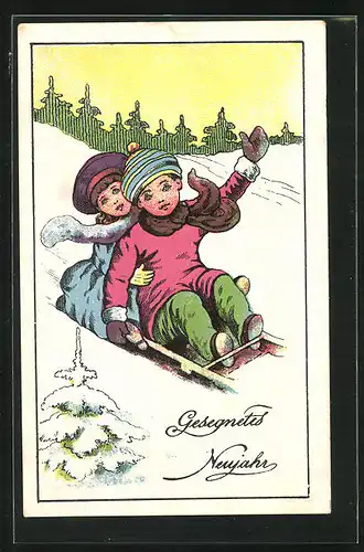 AK niedliches Kinderpaar rodelt auf einem Schlitten den Berg hinab, Gesegnetes Neujahr