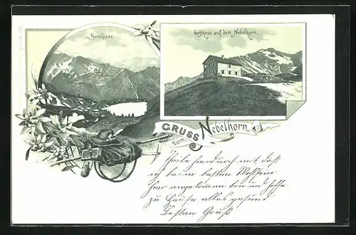 Lithographie Nebelhorn, Gasthaus auf dem Nebelhorn, Seealpsee