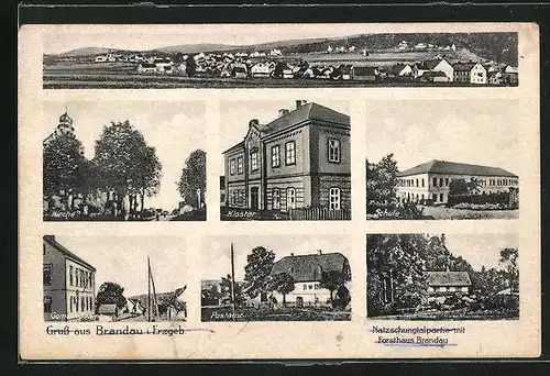 AK Brandau i. Erzgeb. Natzschungtalpartie mit Forsthaus Brandau, Schule, Kirche, Kloster