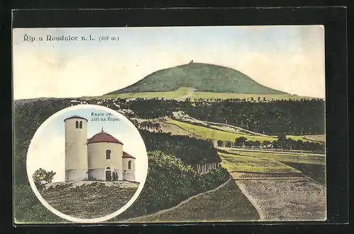 AK Roudnice n. L., Ortsansicht mit Berg und Kapelle