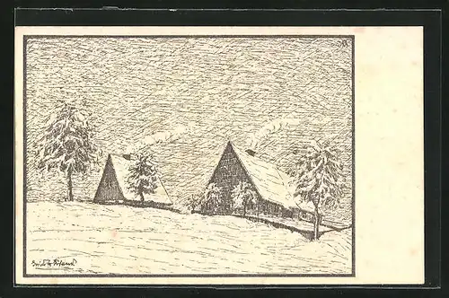 Künstler-AK Katharinaberg, Berghütten im Schnee