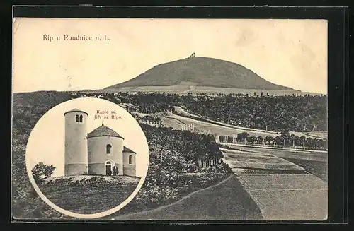 AK Roudnice, Ortsansicht mit Berg Ríp im Hintergrund
