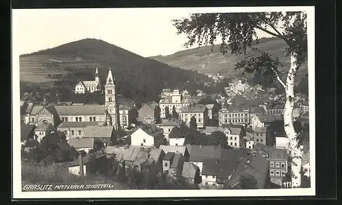 AK Graslitz i. Erzgebirge, Mittlerer Stadtteil mit Kirche und Berg