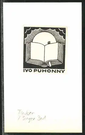 Exlibris von Ivo Puhonny für Ivo Puhonny, offenes Buch vor Sonnenaufgang