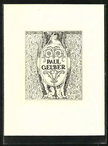 Exlibris von Erhard Amadeus Dier für Paul Gelber, Ornamente & Personen in Akt