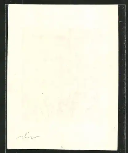 Exlibris von Erhard Amadeus Dier für Paul Gelber, Frauenakt über Schriftzg sitzend, Ornamente