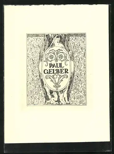 Exlibris von Erhard Amadeus Dier für Paul Gelber, Männerakte stemmen Frauenakt empor, Ornamente