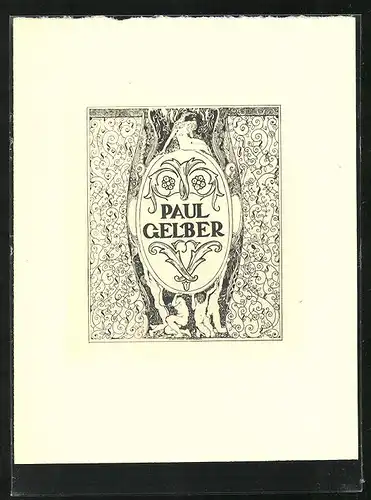 Exlibris von Erhard Amadeus Dier für Paul Gelber, Männerakte heben Frauenakt empor, Ornamente