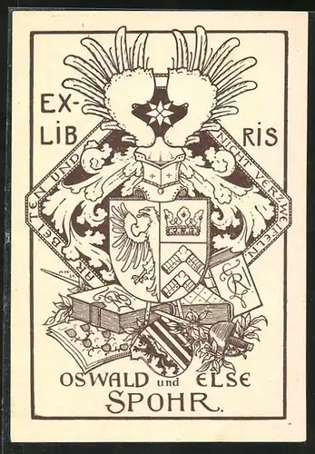 Exlibris von Hans Joachim Hildebrandt für Oswald und Else Spohr, Wappen mit Büchern
