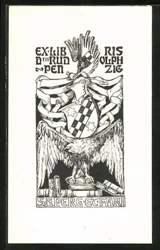 Exlibris Rudolph Penzig, Adler und Wappen mit Büchern