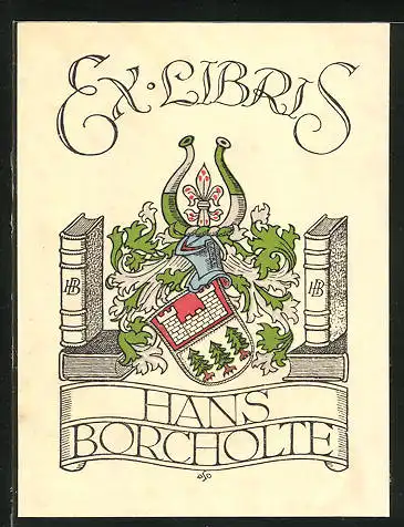 Exlibris Hans Borcholte, Wappen mit Ritterhelm von Büchern flankiert