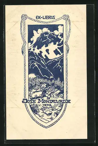 Exlibris von Elsa Baesecke für Jose Monsalvatje, 1905, Gebirgspanorama