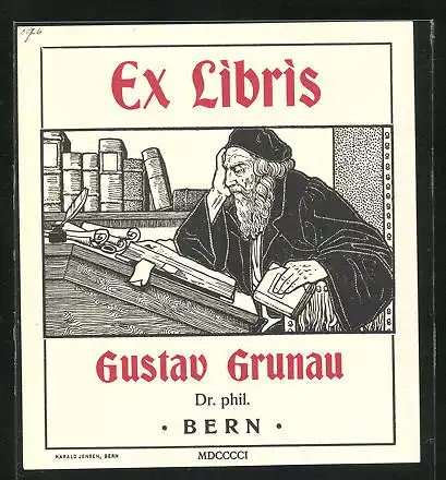 Exlibris von Harald Jensen für Gustav Grunau Dr. phil., Bern, Gelehrter studiert Schriften