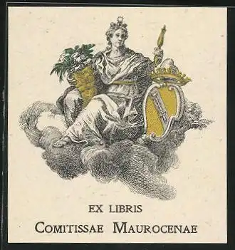Exlibris Comitissae Maurocenae, adlige Dame mit Füllhorn und Wappen