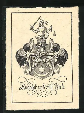 Exlibris Rudolph und Else Firle, Wappen mit Ritterhelm und Justitia