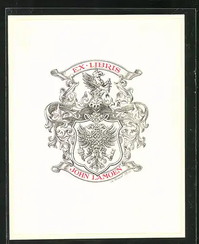 Exlibris von Ch. Vinoelst für John Lamoen, Wappen mit Doppeladler & Greif