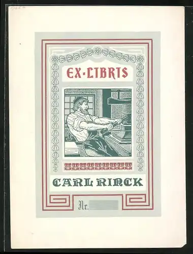 Exlibris Carl Rinck, Buchdrucker bedient Druckerpresse
