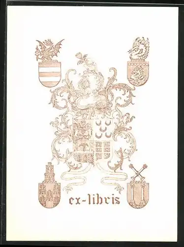 Exlibris Wappen mit Ritterhelm von anderen Wappen umgeben