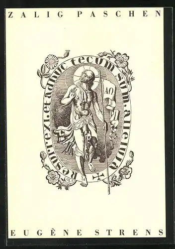 Exlibris Egene Strens, Heiligenbild, Heiliger mit Kreuz und Banner