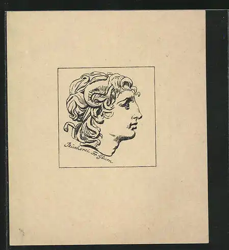 Exlibris Fr. Glum, Portrait Mann mit Horn-Kopfschmuck