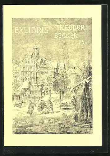 Exlibris Theodor Becker, Partie am Zollhaus zu Hamburg 1874