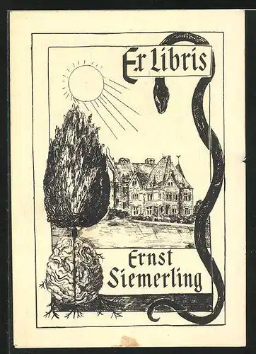 Exlibris Ernst Siemerling, Schlange, Herrenhaus - Schloss, Gehirn von Baumwurzeln durchwuchert