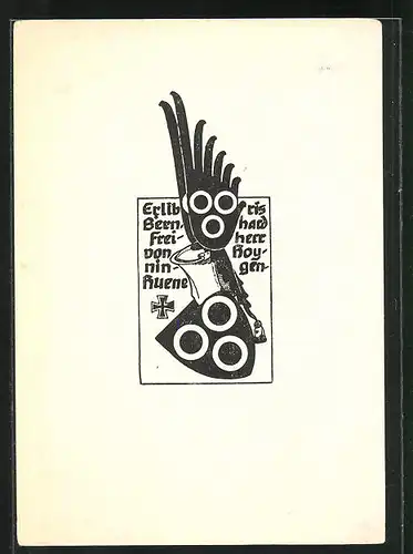 Exlibris von O. Neubecker für Bernhard Freiherr von Hoyningen-Huene, Wappen mit Ritterhelm