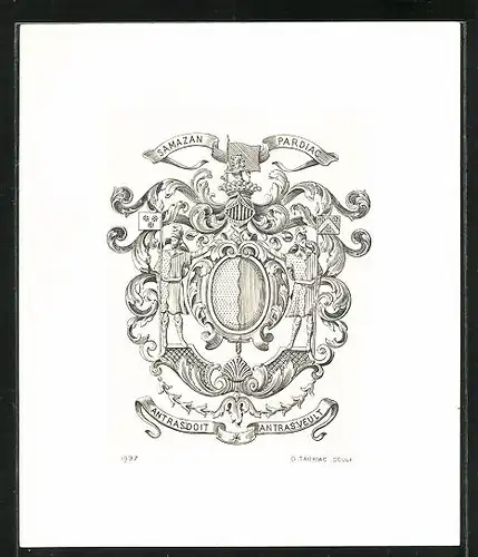 Exlibris von G. Tauriac für Samazan Pardiac, Wappen mit Ritterhelm von Wache flankiert