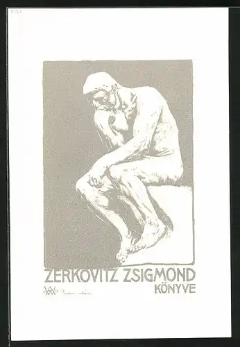 Exlibris Zerkovitz Zsigmond, Männerakt auf Felsvorsprung sitzend