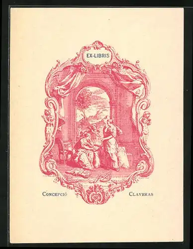 Exlibris Concepico Claveras, Damen schreiben und Lesen, Putte