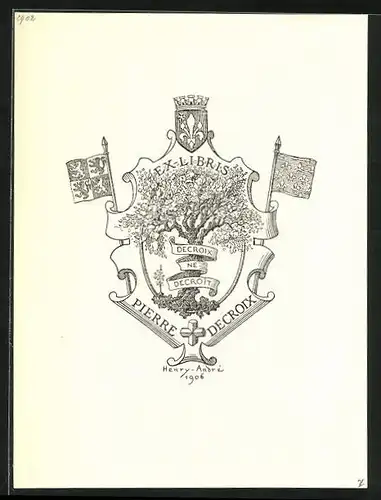 Exlibris von Henry Andre für Pierre decroix, Baum mit Wappen und Banner