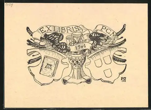 Exlibris PCM, Wappenschilder mit Ritterhelm & Banner