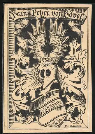 Exlibris von E. von Hausen für Franz Freiherr von Hövel, Wappen mit Ritterhelm