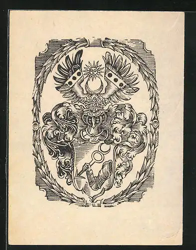 Exlibris Wappen mit Ritterhelm und Flügeln