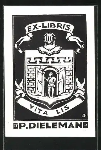 Exlibris P. Dielemann, Wappen mit Burgportal