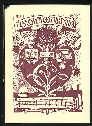 Exlibris von Carl Wolbrandt für Caecilia Wolbrandt, Herz, Notenzeile und Stadtsilhouette