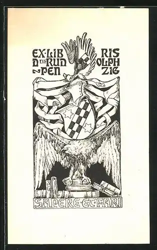 Exlibris Rudolph Penzig, Wappen mit Ritterhelm über Adler