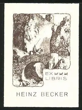 Exlibris Heinz Becker, Ritter zu Pferd überquert steinerne Brücke