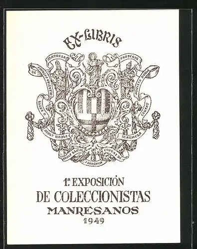 Exlibris von Joan Vilanova für 1. Exposicion De Coleccionistas Manresanos 1949, Wappen