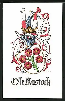 Exlibris Ole Rostock, Wappenmit Blumen und Ritterhelm