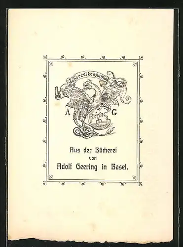 Exlibris Adolf Geering, Basel, Wappen mit Vogel