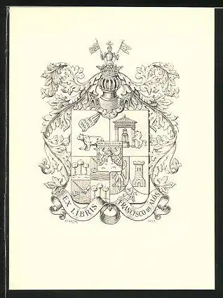 Exlibris von Febrer für Francisco de Alos, Wappen mit Rtterhelm