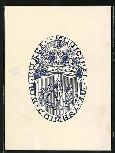 Exlibris von Ioao Carlos für Biblioteca Municipal De Coimbra, Löwe und Drache mit Vase unter Krone