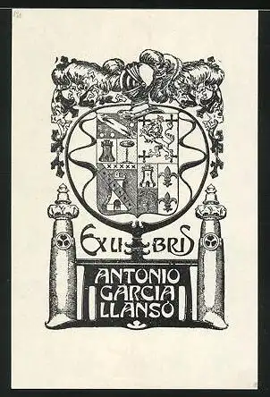 Exlibris Antonio Garcia Llanso, Wappen mit Ritterhelm und Verzierungen